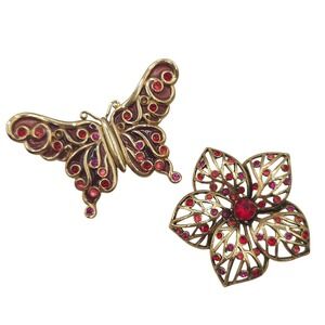 Liz Claiborne‎ Y2K Butterfly Floral Rhinestone Brooch Set of 2 Gold Tone Figural